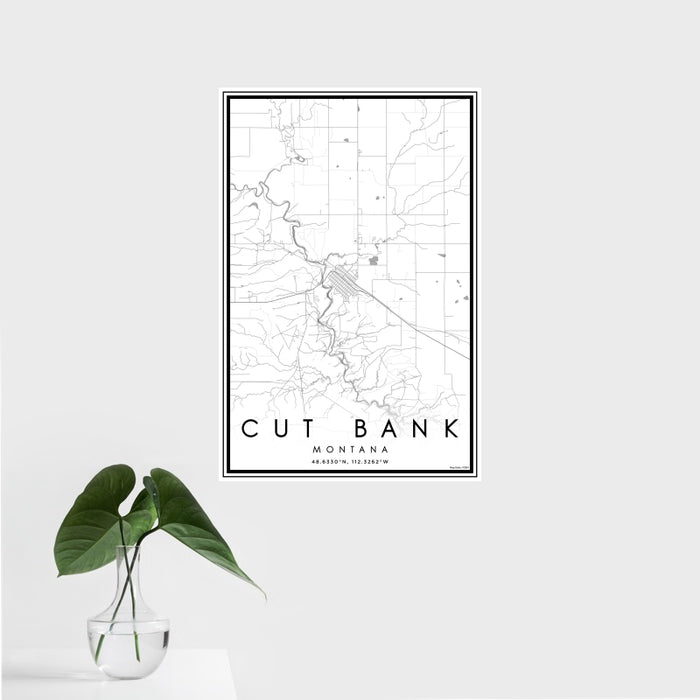 16x24 Cut Bank Montana Map Print Portrait Orientation in Classic Style With Tropical Plant Leaves in Water