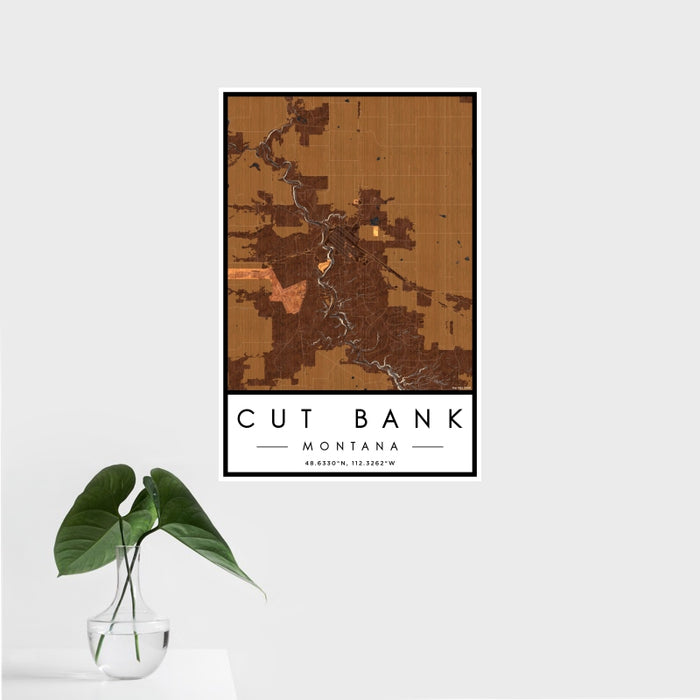 16x24 Cut Bank Montana Map Print Portrait Orientation in Ember Style With Tropical Plant Leaves in Water