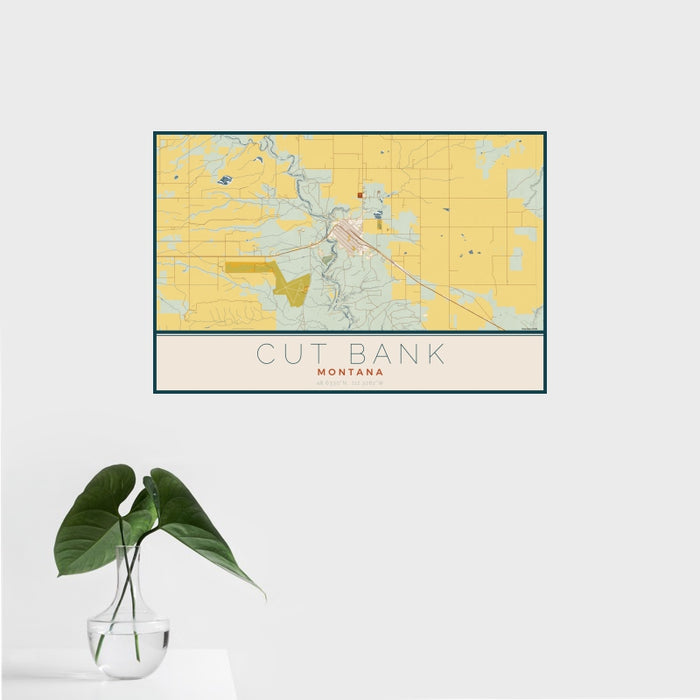 16x24 Cut Bank Montana Map Print Landscape Orientation in Woodblock Style With Tropical Plant Leaves in Water