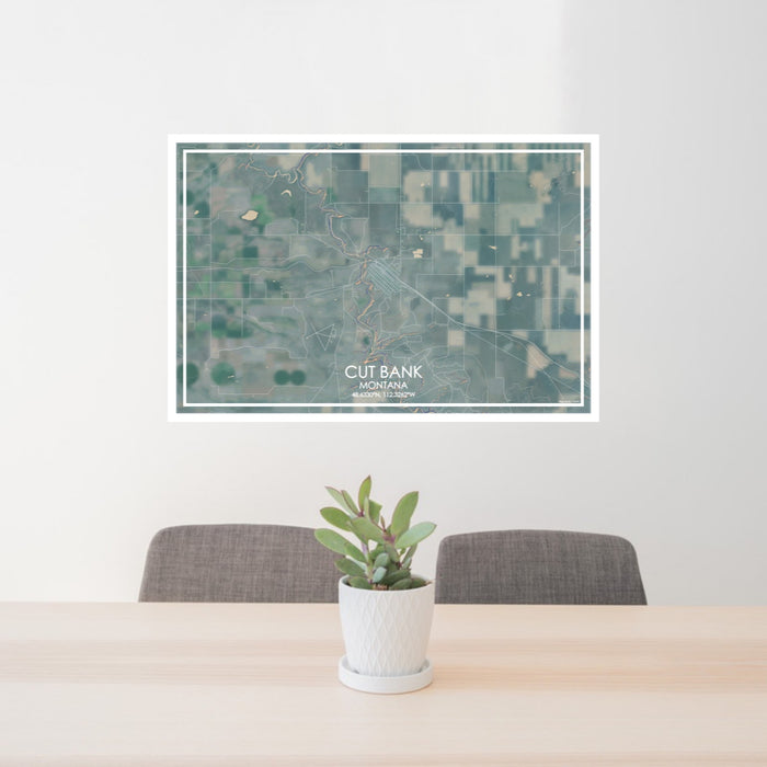 24x36 Cut Bank Montana Map Print Lanscape Orientation in Afternoon Style Behind 2 Chairs Table and Potted Plant