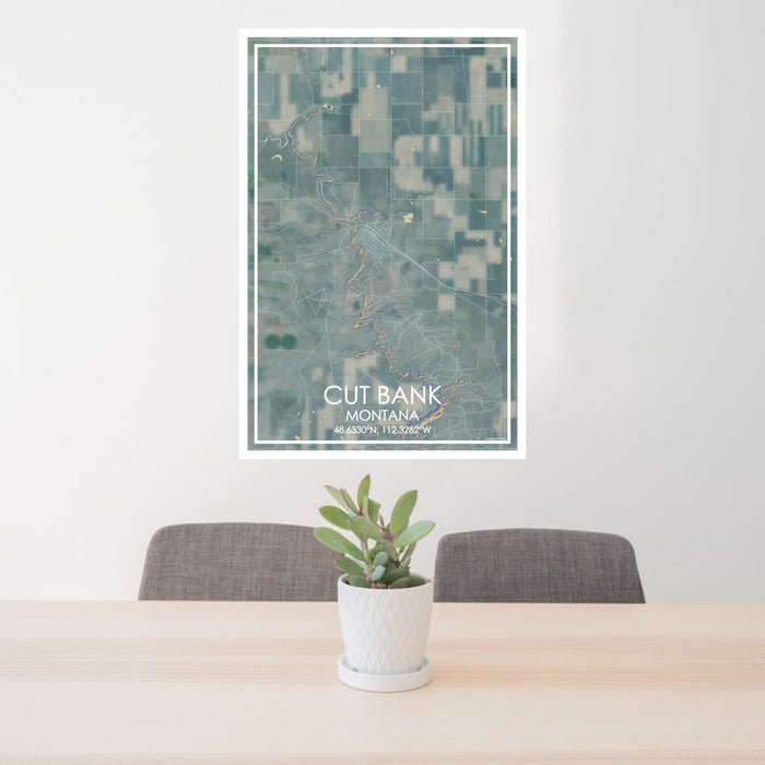24x36 Cut Bank Montana Map Print Portrait Orientation in Afternoon Style Behind 2 Chairs Table and Potted Plant