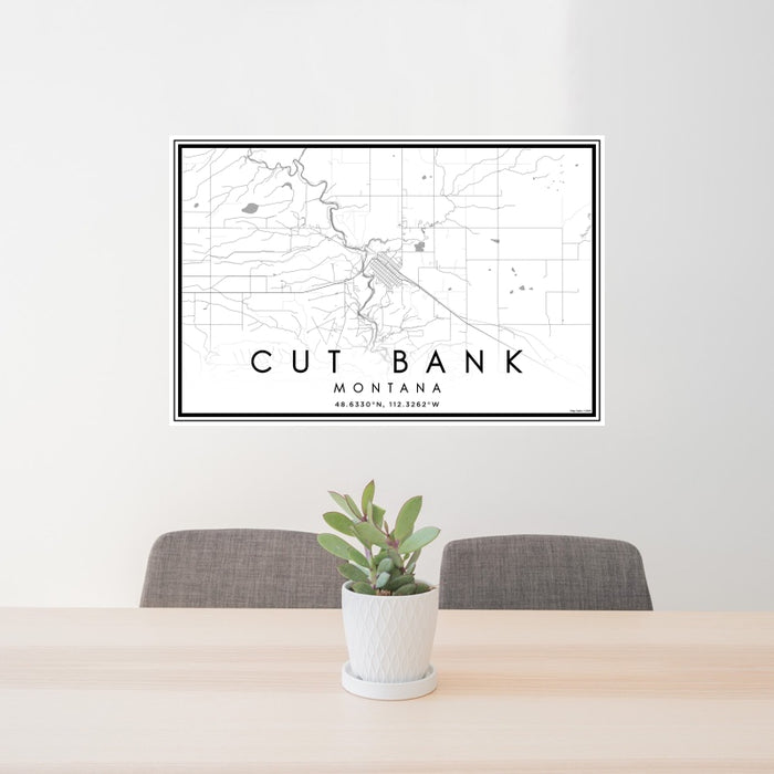 24x36 Cut Bank Montana Map Print Lanscape Orientation in Classic Style Behind 2 Chairs Table and Potted Plant