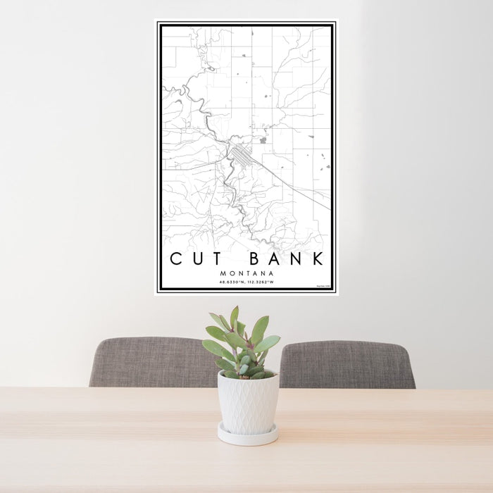 24x36 Cut Bank Montana Map Print Portrait Orientation in Classic Style Behind 2 Chairs Table and Potted Plant