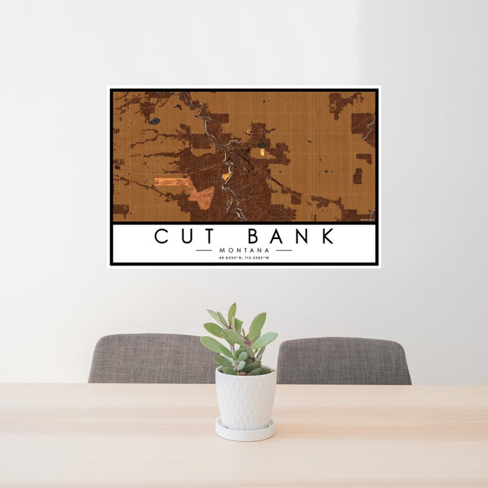 24x36 Cut Bank Montana Map Print Lanscape Orientation in Ember Style Behind 2 Chairs Table and Potted Plant