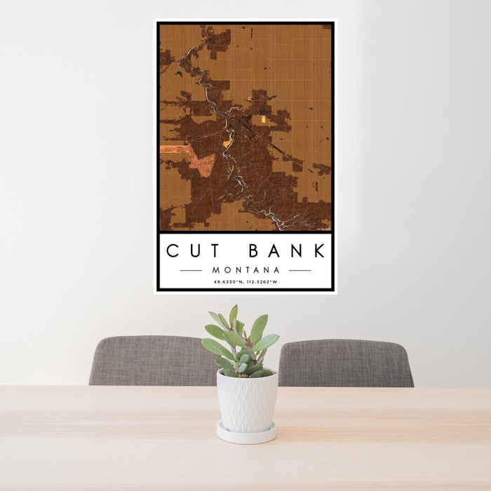 24x36 Cut Bank Montana Map Print Portrait Orientation in Ember Style Behind 2 Chairs Table and Potted Plant