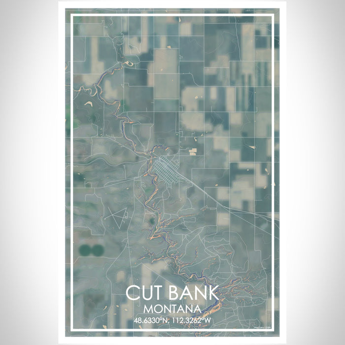 Cut Bank Montana Map Print Portrait Orientation in Afternoon Style With Shaded Background