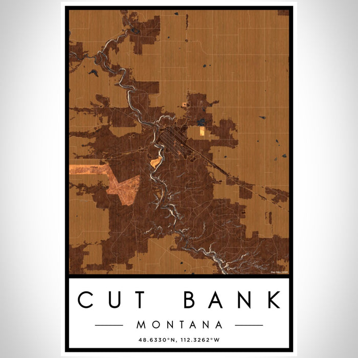 Cut Bank Montana Map Print Portrait Orientation in Ember Style With Shaded Background