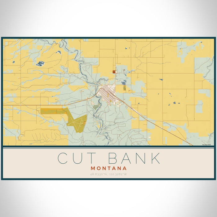 Cut Bank Montana Map Print Landscape Orientation in Woodblock Style With Shaded Background