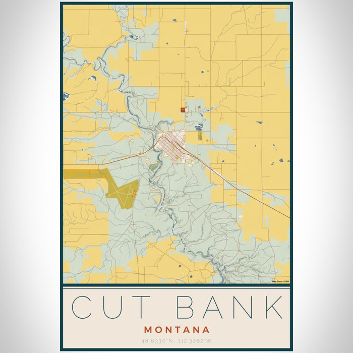 Cut Bank Montana Map Print Portrait Orientation in Woodblock Style With Shaded Background