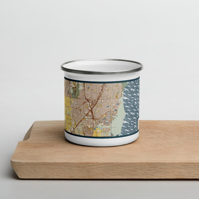 Front View Custom Cutler Bay Florida Map Enamel Mug in Woodblock on Cutting Board