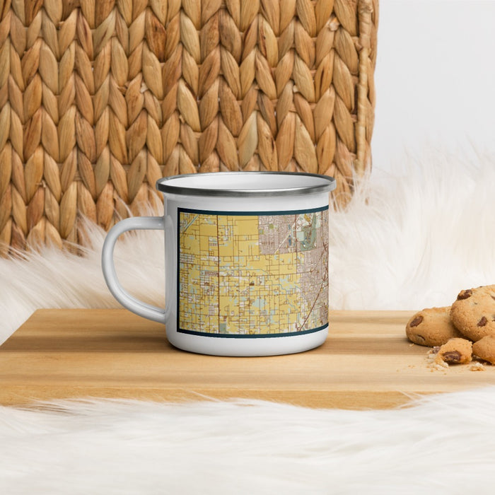 Left View Custom Cutler Bay Florida Map Enamel Mug in Woodblock on Table Top