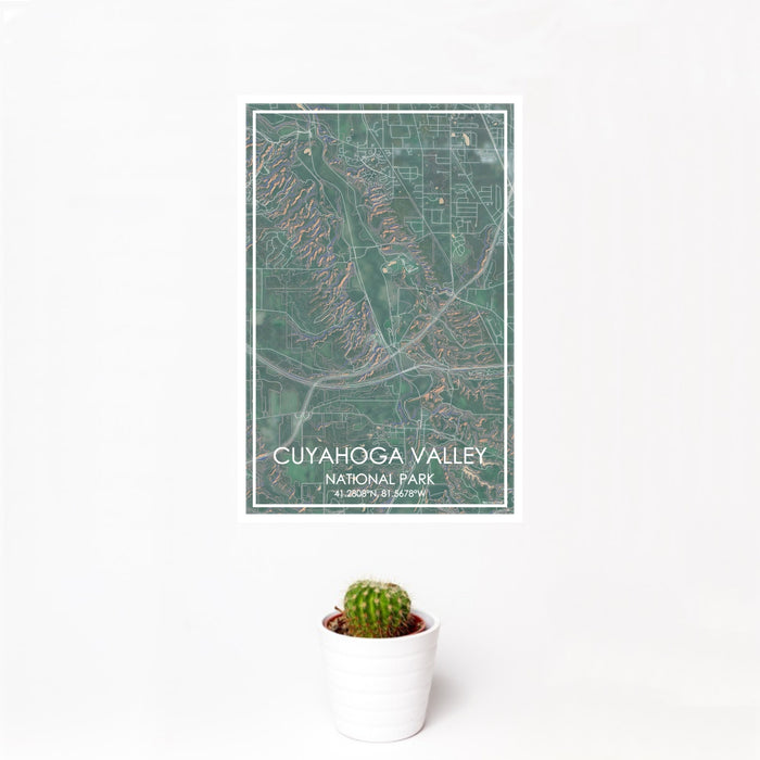 12x18 Cuyahoga Valley National Park Map Print Portrait Orientation in Afternoon Style With Small Cactus Plant in White Planter