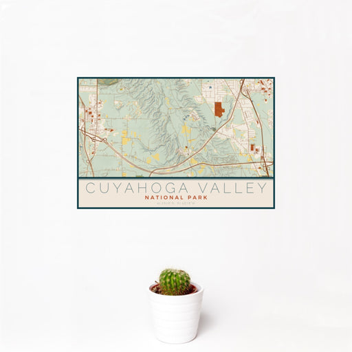 12x18 Cuyahoga Valley National Park Map Print Landscape Orientation in Woodblock Style With Small Cactus Plant in White Planter