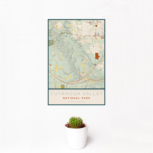 12x18 Cuyahoga Valley National Park Map Print Portrait Orientation in Woodblock Style With Small Cactus Plant in White Planter