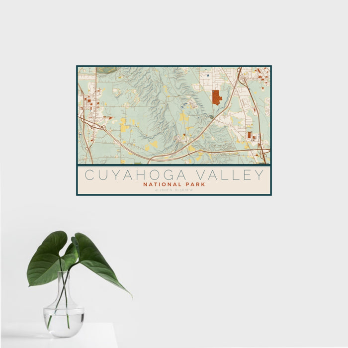 16x24 Cuyahoga Valley National Park Map Print Landscape Orientation in Woodblock Style With Tropical Plant Leaves in Water