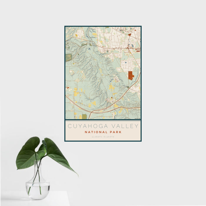 16x24 Cuyahoga Valley National Park Map Print Portrait Orientation in Woodblock Style With Tropical Plant Leaves in Water