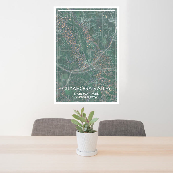 24x36 Cuyahoga Valley National Park Map Print Portrait Orientation in Afternoon Style Behind 2 Chairs Table and Potted Plant