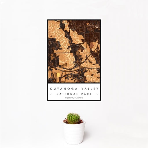 12x18 Cuyahoga Valley National Park Map Print Portrait Orientation in Ember Style With Small Cactus Plant in White Planter
