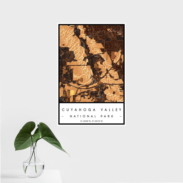 16x24 Cuyahoga Valley National Park Map Print Portrait Orientation in Ember Style With Tropical Plant Leaves in Water