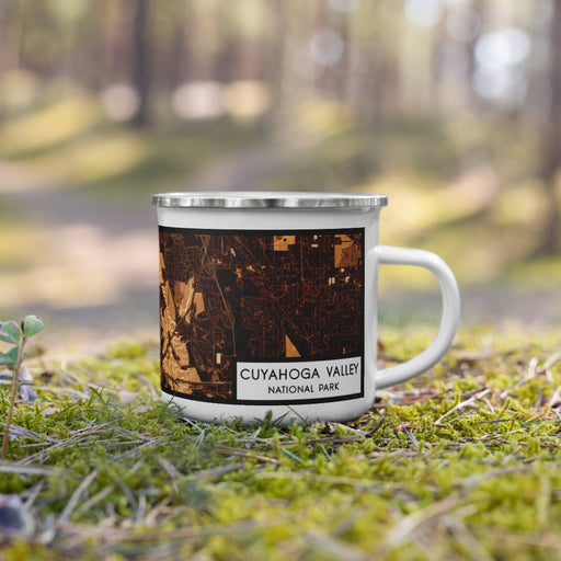 Right View Custom Cuyahoga Valley National Park Map Enamel Mug in Ember on Grass With Trees in Background