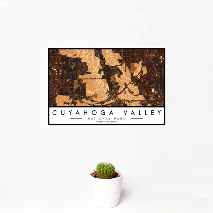 12x18 Cuyahoga Valley National Park Map Print Landscape Orientation in Ember Style With Small Cactus Plant in White Planter