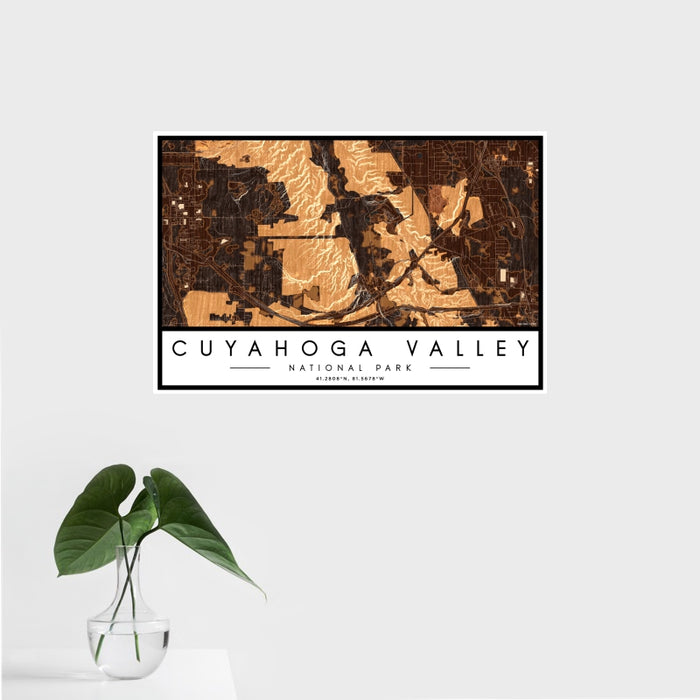 16x24 Cuyahoga Valley National Park Map Print Landscape Orientation in Ember Style With Tropical Plant Leaves in Water
