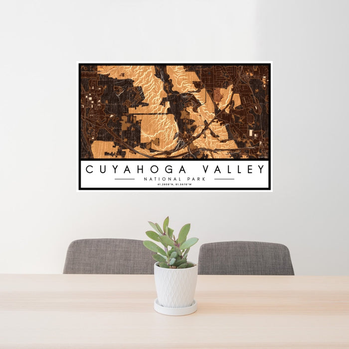 24x36 Cuyahoga Valley National Park Map Print Landscape Orientation in Ember Style Behind 2 Chairs Table and Potted Plant