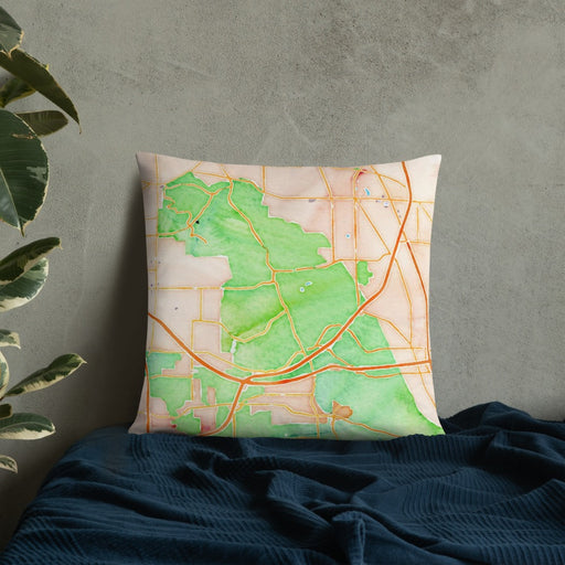 Custom Cuyahoga Valley National Park Map Throw Pillow in Watercolor on Bedding Against Wall
