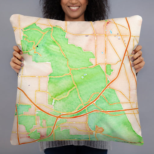 Person holding 22x22 Custom Cuyahoga Valley National Park Map Throw Pillow in Watercolor