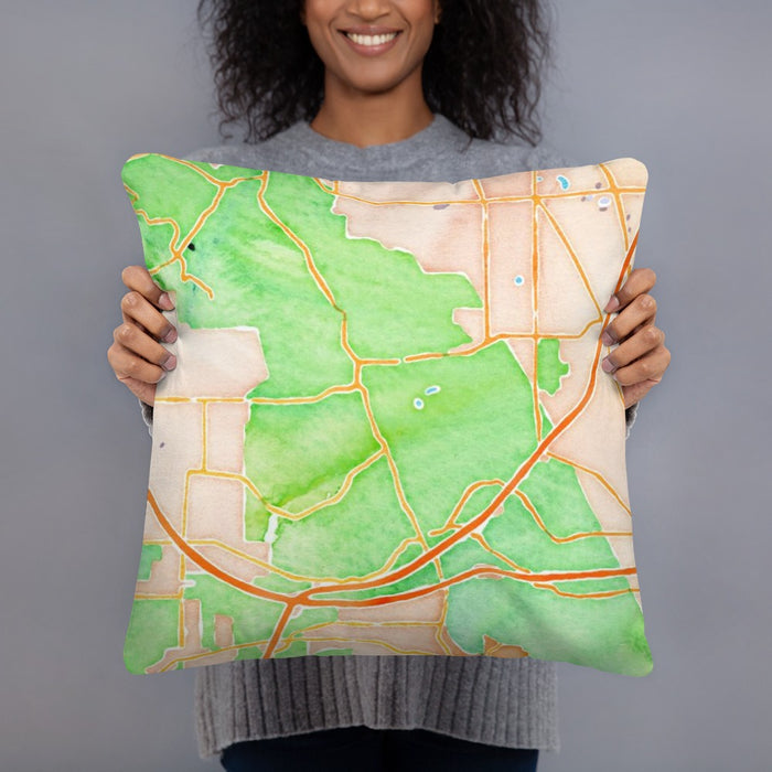 Person holding 18x18 Custom Cuyahoga Valley National Park Map Throw Pillow in Watercolor