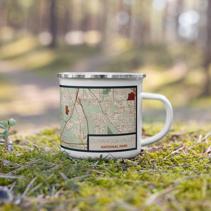 Right View Custom Cuyahoga Valley National Park Map Enamel Mug in Woodblock on Grass With Trees in Background