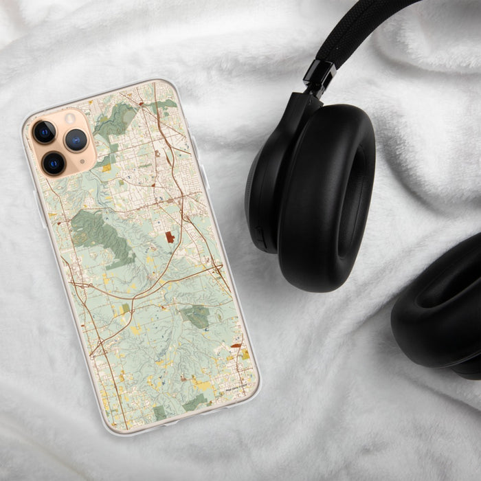 Custom Cuyahoga Valley National Park Map Phone Case in Woodblock on Table with Black Headphones