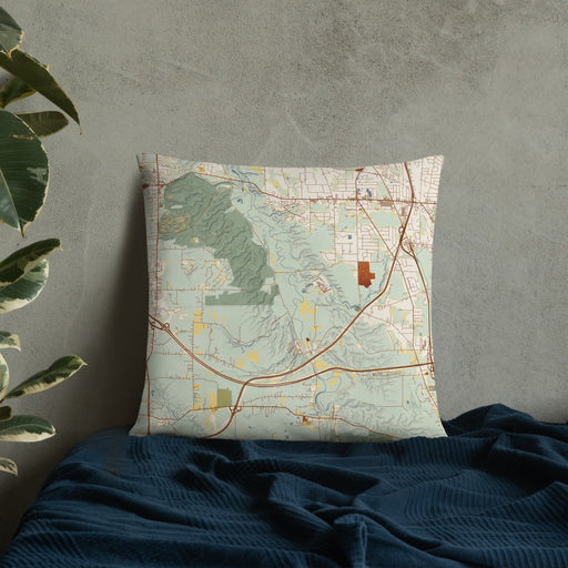 Custom Cuyahoga Valley National Park Map Throw Pillow in Woodblock on Bedding Against Wall