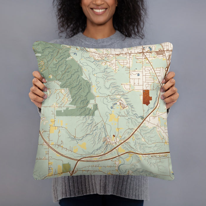 Person holding 18x18 Custom Cuyahoga Valley National Park Map Throw Pillow in Woodblock