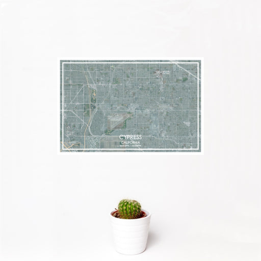 12x18 Cypress California Map Print Landscape Orientation in Afternoon Style With Small Cactus Plant in White Planter