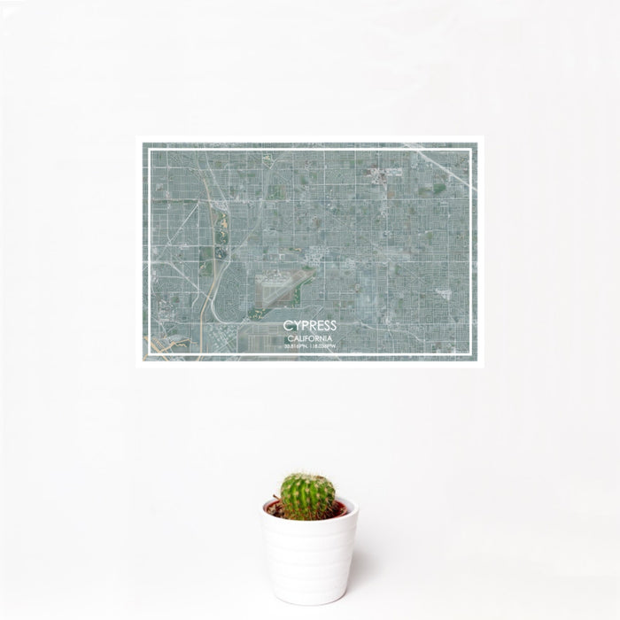 12x18 Cypress California Map Print Landscape Orientation in Afternoon Style With Small Cactus Plant in White Planter