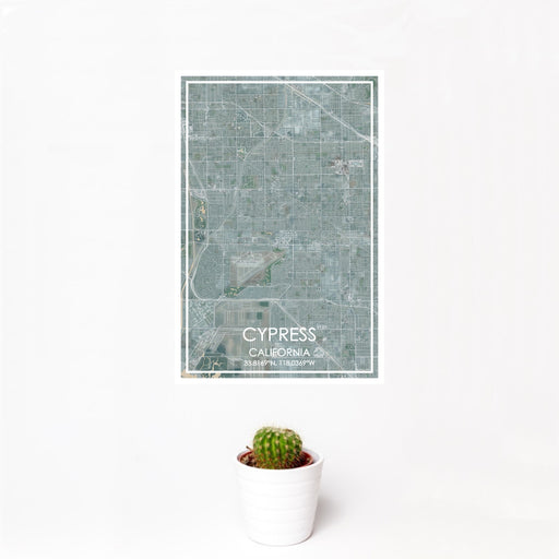 12x18 Cypress California Map Print Portrait Orientation in Afternoon Style With Small Cactus Plant in White Planter