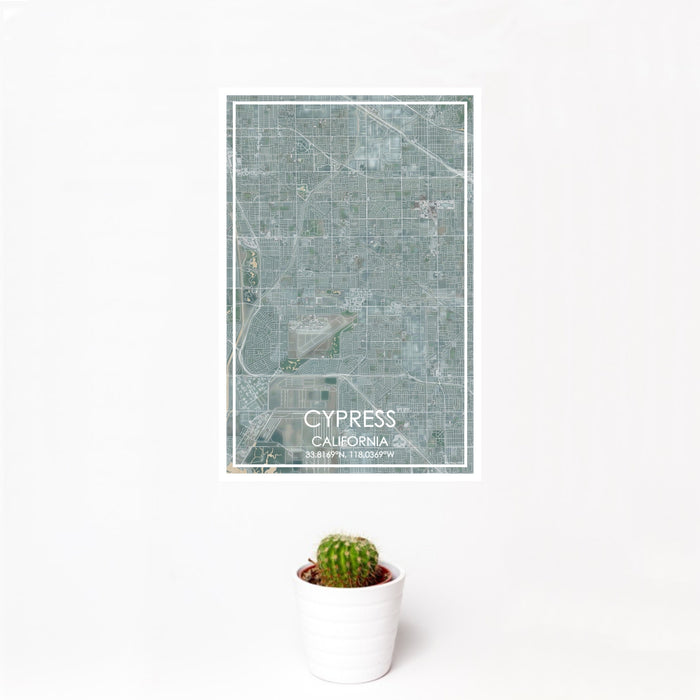 12x18 Cypress California Map Print Portrait Orientation in Afternoon Style With Small Cactus Plant in White Planter