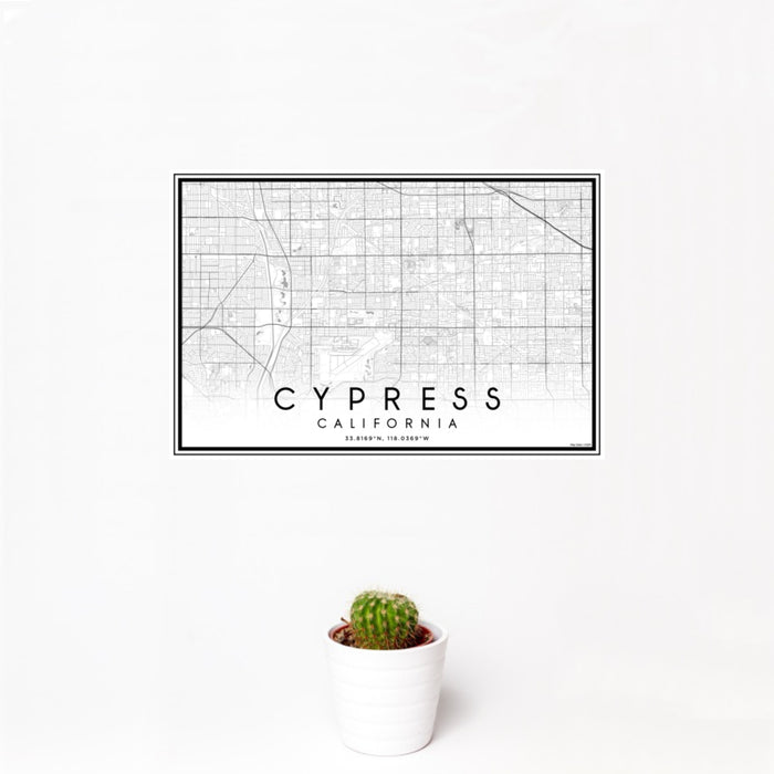 12x18 Cypress California Map Print Landscape Orientation in Classic Style With Small Cactus Plant in White Planter