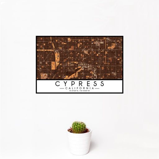 12x18 Cypress California Map Print Landscape Orientation in Ember Style With Small Cactus Plant in White Planter