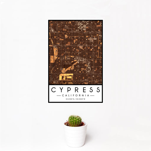 12x18 Cypress California Map Print Portrait Orientation in Ember Style With Small Cactus Plant in White Planter