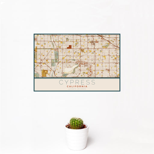 12x18 Cypress California Map Print Landscape Orientation in Woodblock Style With Small Cactus Plant in White Planter