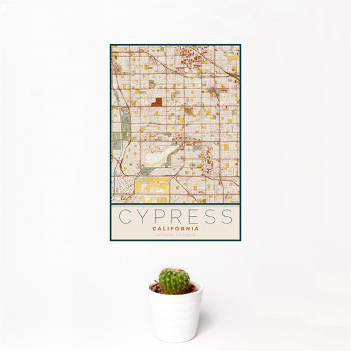 12x18 Cypress California Map Print Portrait Orientation in Woodblock Style With Small Cactus Plant in White Planter