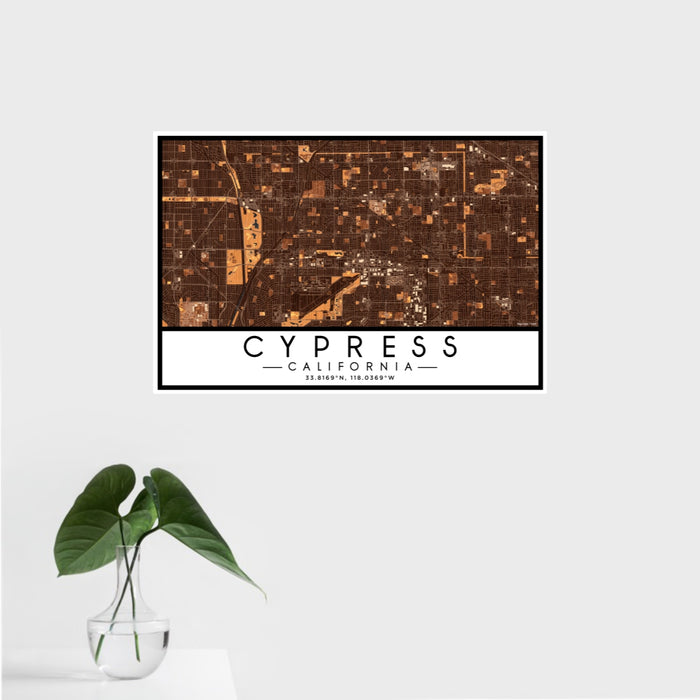 16x24 Cypress California Map Print Landscape Orientation in Ember Style With Tropical Plant Leaves in Water