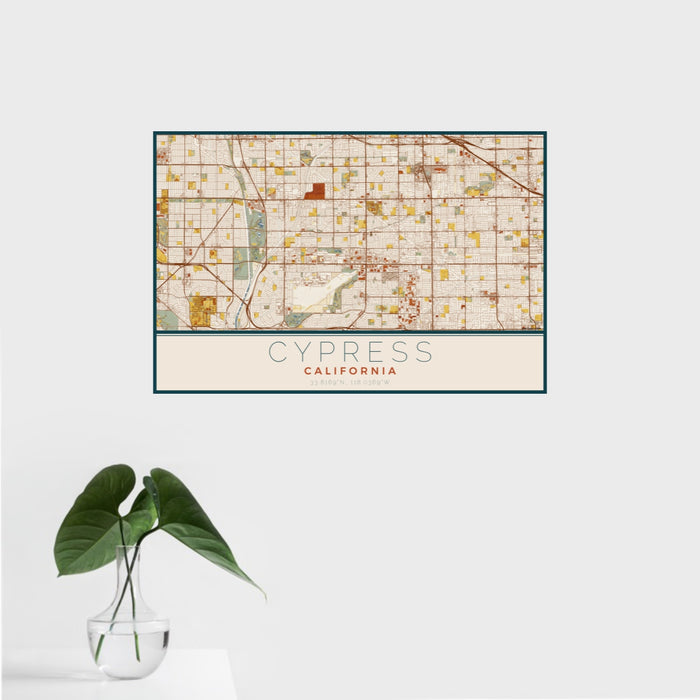 16x24 Cypress California Map Print Landscape Orientation in Woodblock Style With Tropical Plant Leaves in Water