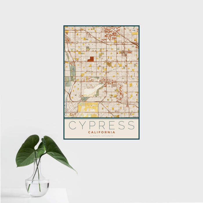 16x24 Cypress California Map Print Portrait Orientation in Woodblock Style With Tropical Plant Leaves in Water