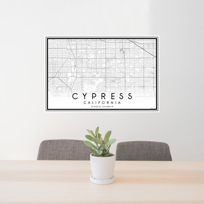 24x36 Cypress California Map Print Lanscape Orientation in Classic Style Behind 2 Chairs Table and Potted Plant