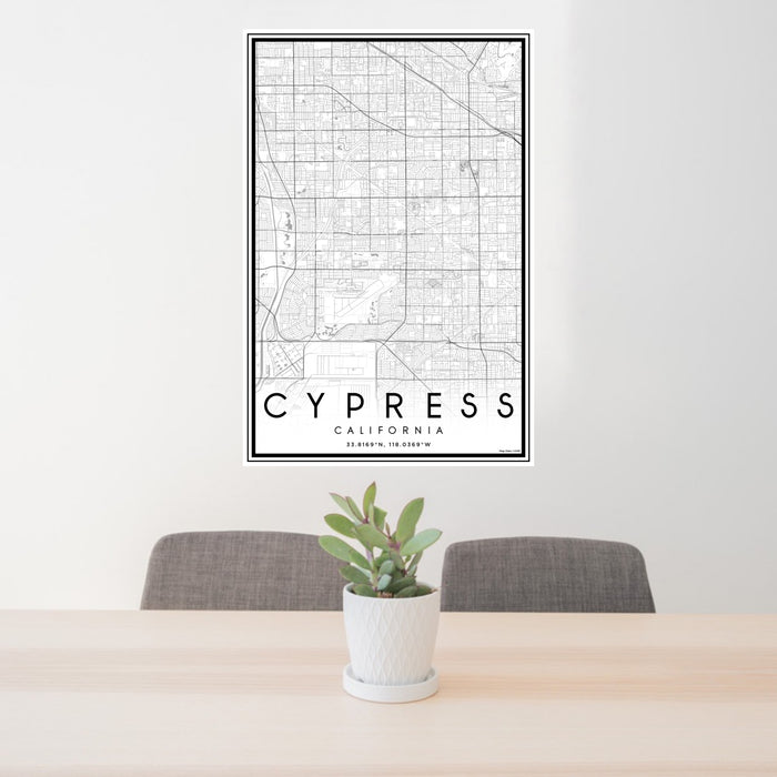 24x36 Cypress California Map Print Portrait Orientation in Classic Style Behind 2 Chairs Table and Potted Plant