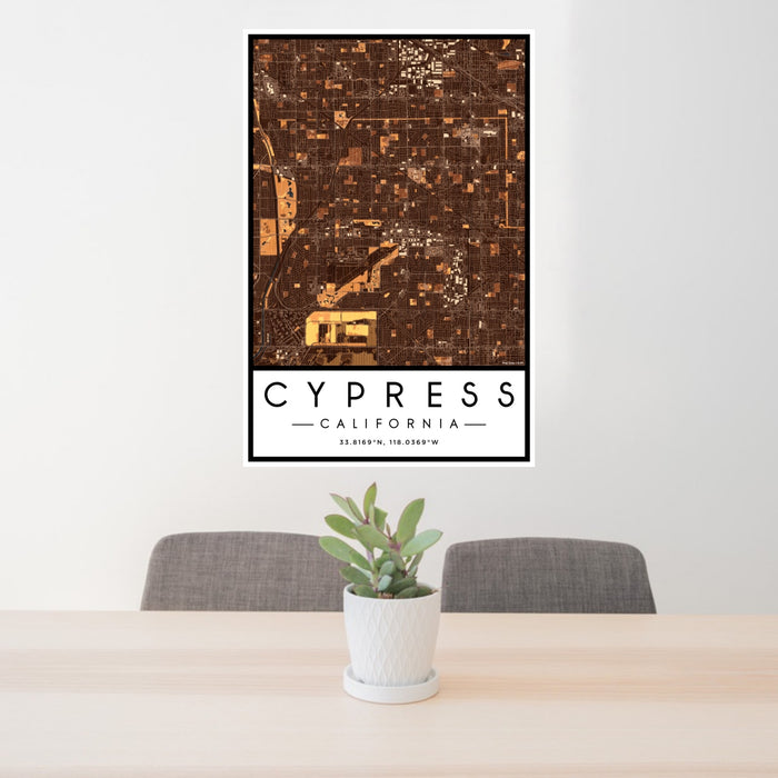 24x36 Cypress California Map Print Portrait Orientation in Ember Style Behind 2 Chairs Table and Potted Plant
