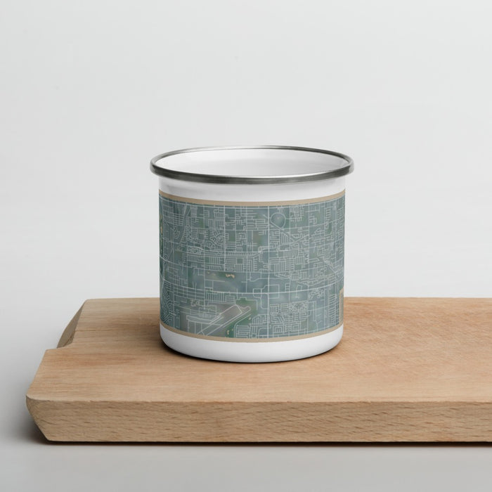 Front View Custom Cypress California Map Enamel Mug in Afternoon on Cutting Board